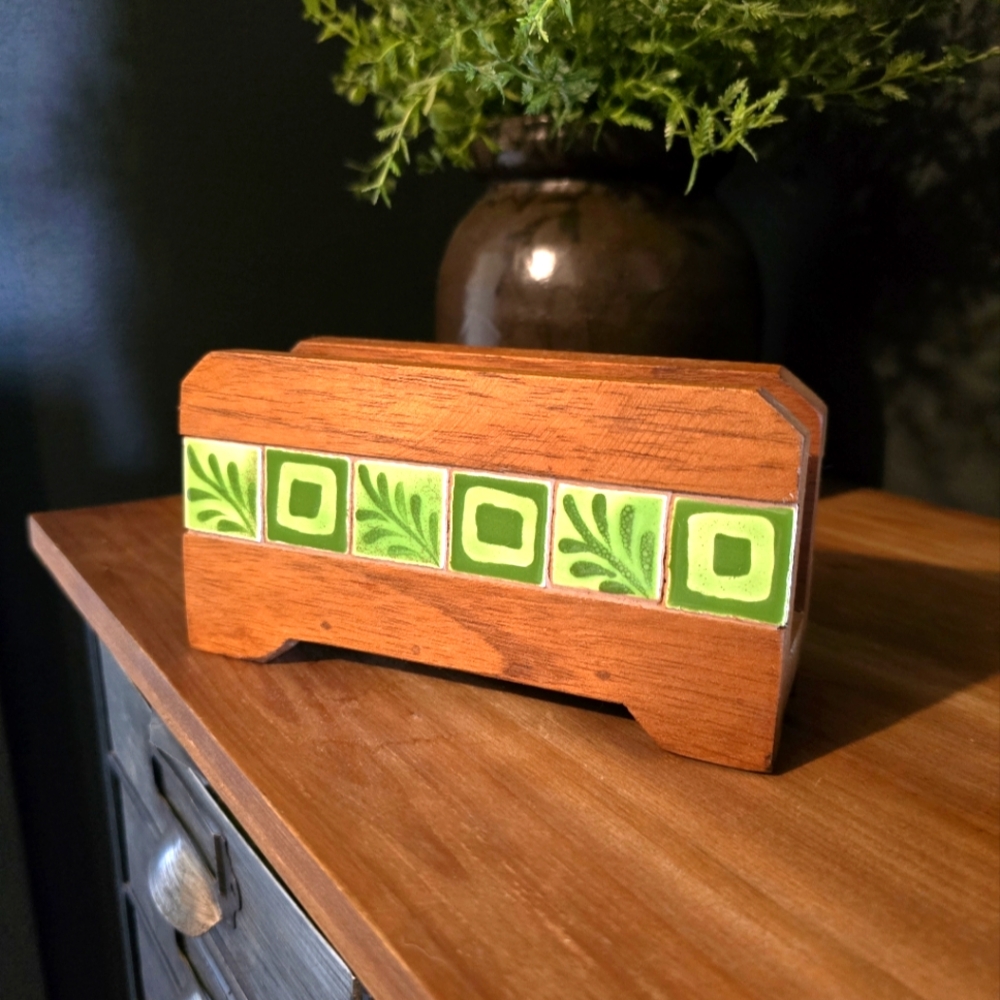 Wooden Letter or Napkin Holder with Inlaid Mini Green Ceramic tiles 1439